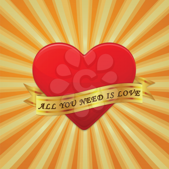 Heart with ribbon and phrase All You Need is Love. Vector concept illustration.