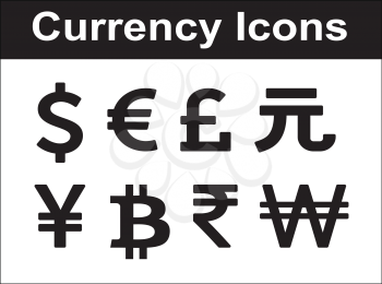 Currency icons set. Black over white background.