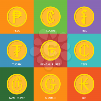 Flat Golden Coins. Currency Icons. Vector illustration.