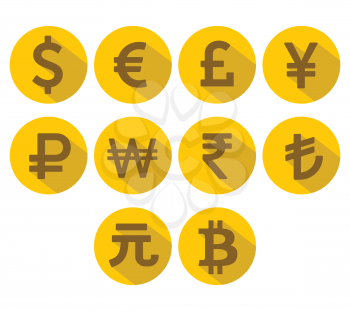 Currency Icons Set. Flat design with long shadow. Vector illustration.