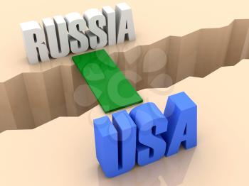 Two words RUSSIA and USA united by bridge through separation crack. Concept 3D illustration.