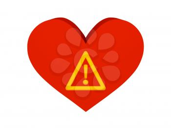 Big red heart with warning symbol. Concept 3D illustration
