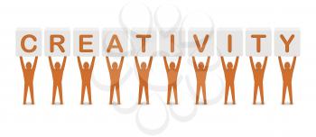 Men holding the word creativity. Concept 3D illustration.