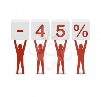 Men holding minus 45 percent. Concept 3D illustration.