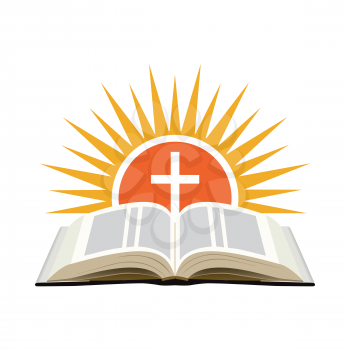 Bible, sunset and cross. Church logo concept. Isolated on white background. Vector illustration