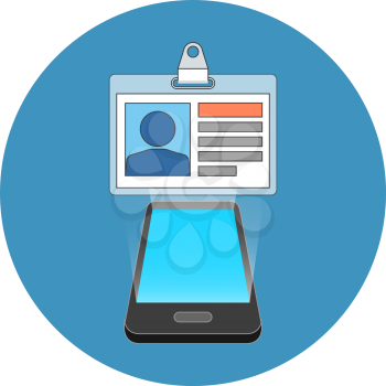 Smartphone user ID, profile concept. Isometric design. Icon in blue circle on white background.