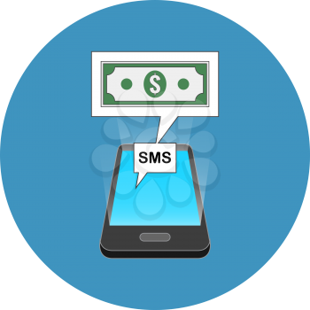 Smartphone sms transaction concept. Isometric design. Icon in blue circle on white background.