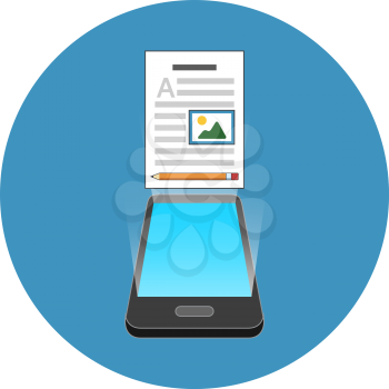 Smartphone blogging concept. Isometric design. Icon in blue circle on white background.