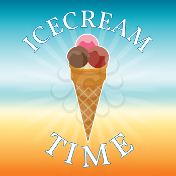 Icecream on blurred beach background. Icecream time. Vector illustration
