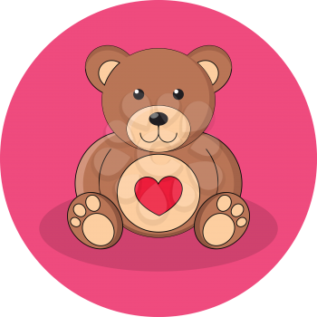 Cute brown teddy bear with red heart. Flat design. Icon in pink circle on white background