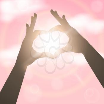 Hands in the form of heart over pink sky. Concept vector illustration