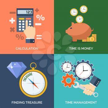 Set of flat design concept icons for business. Calculation, Time is money, Finding treasure and Time management. Vector Illustration.