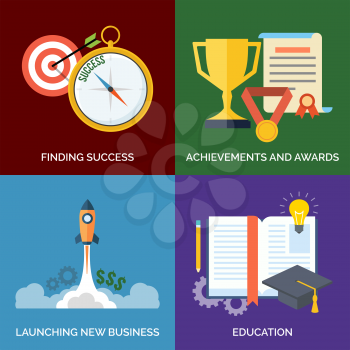 Set of flat design concept icons for business. Finding Success, Achievements and awards, Launching new business and Education. Vector Illustration.