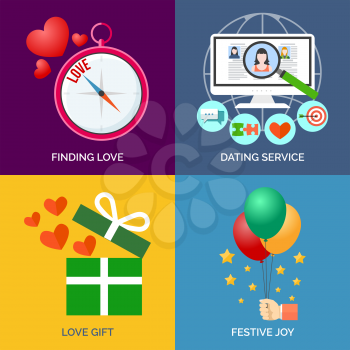 Set of flat design concept icons. Finding love, Dating service, Love gift and Festive joy. Vector Illustration.