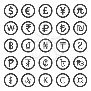 Currency Icons Set. Black over white background