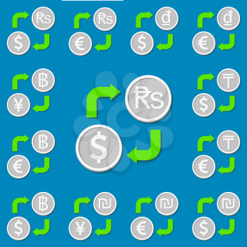 Currency exchange. Set 3. Euro, Dollar, Rupee, Dong, Tenge, Shekel, Yen(Yuan) and Baht. Vector illustration