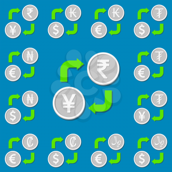 Currency exchange. Set 4. Euro, Dollar, Kip, Tugrik, Rupee, Yen (Yuan), Colon, Rial and Naira. Vector illustration