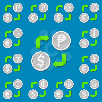 Currency exchange. Set 5. Euro, Dollar, Peso, Guarani, Bengali Rupee, Cedi, Riel and Tamil Rupee. Vector illustration