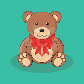 Cute brown teddy bear toy with red bow. Vector illustration
