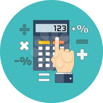 Calculation, mathematics, accountant concept. Flat design. Icon in turquoise circle on white background