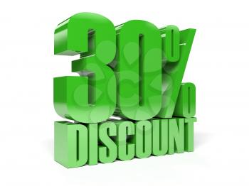 30 percent discount. Green shiny text. Concept 3D illustration.