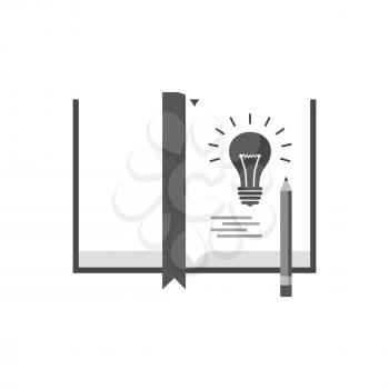 Book with lightbulb, note the idea concept icon. Symbol in trendy flat style isolated on white background. Illustration element for your web site design, logo, app, UI.