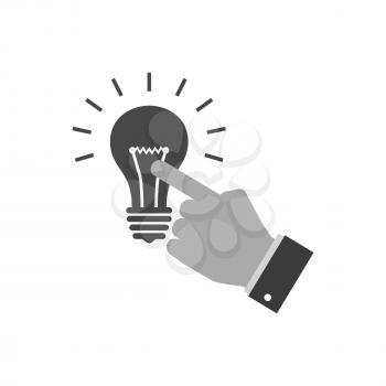 Hand touching light bulb icon, reach the idea concept. Symbol in trendy flat style isolated on white background. Illustration element for your web site design, logo, app, UI.