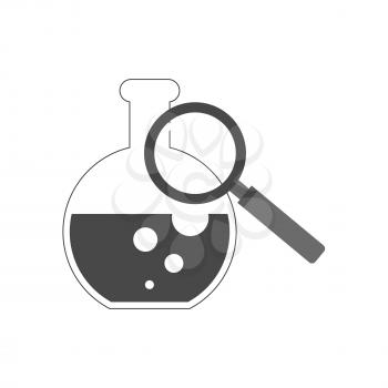 Flask and magnifying glass icon, research lab concept. Symbol in trendy flat style isolated on white background. Illustration element for your web site design, logo, app, UI.