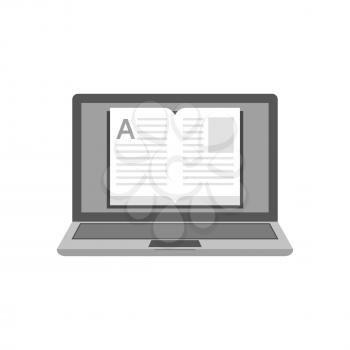 Laptop with a book on screen icon, online library, education concept. Symbol in trendy flat style isolated on white background. Illustration element for your web site design, logo, app, UI.