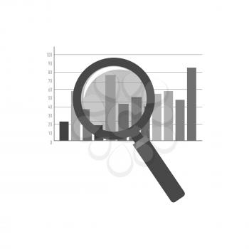 Magnifying glass over chart icon. Analysis concept. Symbol in trendy flat style isolated on white background. Illustration element for your web site design, logo, app, UI.