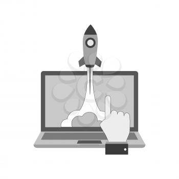 Rocket launch from laptop icon, startup concept. Symbol in trendy flat style isolated on white background. Illustration element for your web site design, logo, app, UI.