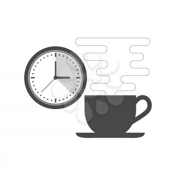 Coffee cup and clock icon. Break time concept. Symbol in trendy flat style isolated on white background. Illustration element for your web site design, logo, app, UI.