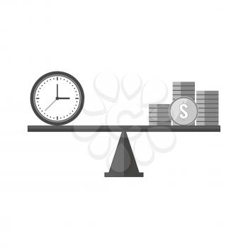 Clock and coins on seesaw icon, time is money concept. Symbol in trendy flat style isolated on white background. Illustration element for your web site design, logo, app, UI.