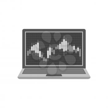 Laptop with candlesticks chart on screen icon. Stock market trading concept. Symbol in trendy flat style isolated on white background. Illustration element for your web site design, logo, app, UI.
