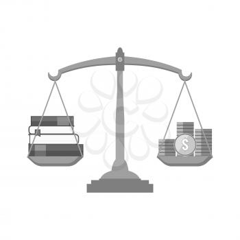 Books and coins on scales icon. Knowledge is wealth concept. Symbol in trendy flat style isolated on white background. Illustration element for your web site design, logo, app, UI.