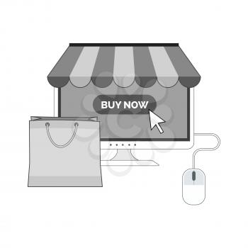 Monitor with awning and shopping bag icon, online shopping concept. Symbol in trendy flat style isolated on white background. Illustration element for your web site design, logo, app, UI.