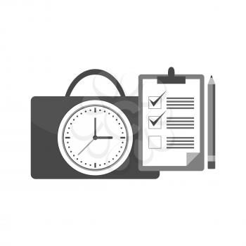 Clock with briefcase and checklist icon. Time management concept. Symbol in trendy flat style isolated on white background. Illustration element for your web site design, logo, app, UI.