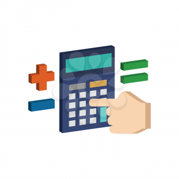 Calculate on Calculator symbol. Flat Isometric Icon or Logo. 3D Style Pictogram for Web Design, UI, Mobile App, Infographic. Vector Illustration on white background.