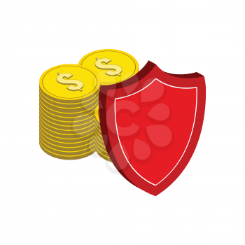 Stack of Gold Coins with Shield, Finance Protection symbol. Flat Isometric Icon or Logo. 3D Style Pictogram for Web Design, UI, Mobile App, Infographic. Vector Illustration on white background.