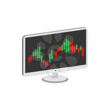 Display with Candlestick Trading Chart, Stock Market symbol. Flat Isometric Icon or Logo. 3D Style Pictogram for Web Design, UI, Mobile App, Infographic. Vector Illustration on white background.