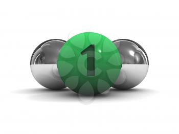 Chrome balls with the green leader in front. Concept 3D illustration