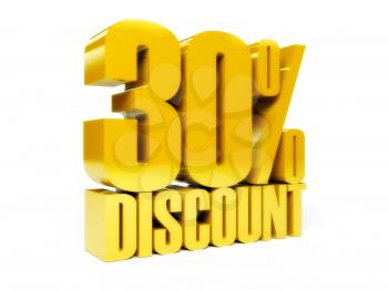 30 percent discount. Gold shiny text. Concept 3D illustration.