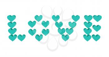 Turquoise hearts set in word LOVE. Concept 3D illustration.