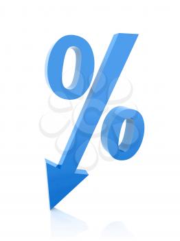 Blue percentage symbol with an arrow down. Concept 3D illustration.