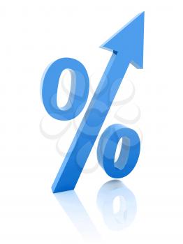 Blue percentage symbol with an arrow up. Concept 3D illustration.
