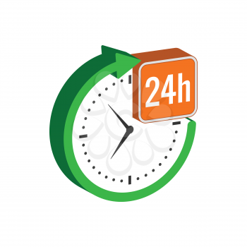 24 hours service symbol. Flat Isometric Icon or Logo. 3D Style Pictogram for Web Design, UI, Mobile App, Infographic. Vector Illustration on white background.