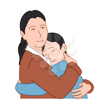 Mom and son hug each other. Happy family concept. Hand drawn style doodle design illustration