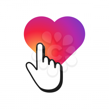Hand cursor clicking on a heart shape. Heart with smooth color gradient