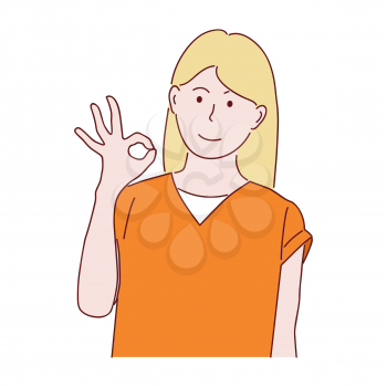 Girl is showing a gesture Okay, ok. Hand drawn style doodle design illustration