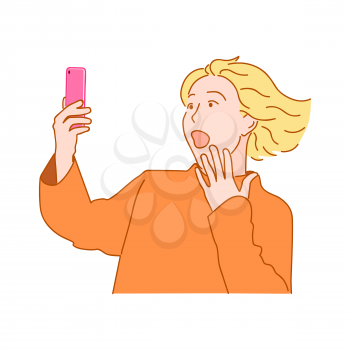 Surprised blond girl with fluttering hair and open mouth stares into the smartphone. Hand drawn style doodle design illustration